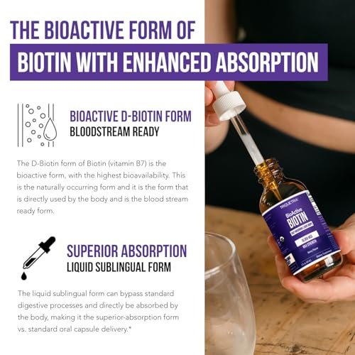 Flüssiges Biotin 10.000 mcg Tropfen für Frauen – Bio USP-Nahrungsergänzungsmittel – Hochabsorbierende Formel – Unterstützt gesundes Haar, Haut & Nägel – Natürlicher Beerengeschmack – 180 Portionen, 60 ml