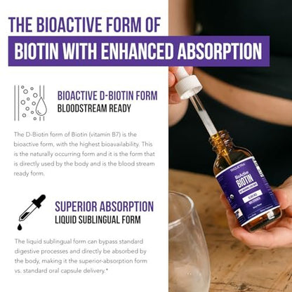 Flüssiges Biotin 10.000 mcg Tropfen für Frauen – Bio USP-Nahrungsergänzungsmittel – Hochabsorbierende Formel – Unterstützt gesundes Haar, Haut & Nägel – Natürlicher Beerengeschmack – 180 Portionen, 60 ml