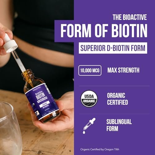 Flüssiges Biotin 10.000 mcg Tropfen für Frauen – Bio USP-Nahrungsergänzungsmittel – Hochabsorbierende Formel – Unterstützt gesundes Haar, Haut & Nägel – Natürlicher Beerengeschmack – 180 Portionen, 60 ml