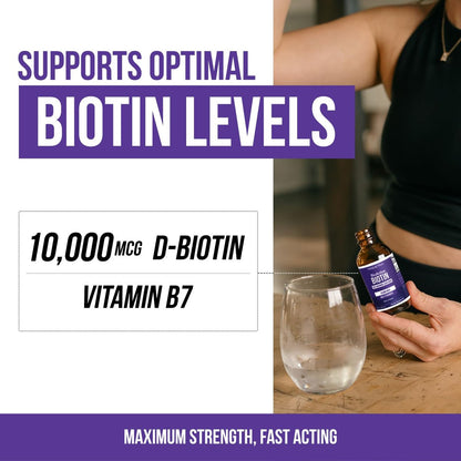 Flüssiges Biotin 10.000 mcg Tropfen für Frauen – Bio USP-Nahrungsergänzungsmittel – Hochabsorbierende Formel – Unterstützt gesundes Haar, Haut & Nägel – Natürlicher Beerengeschmack – 180 Portionen, 60 ml