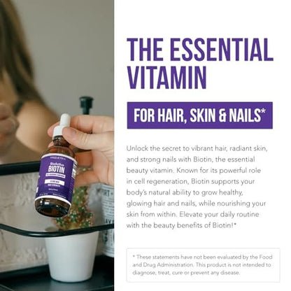 Flüssiges Biotin 10.000 mcg Tropfen für Frauen – Bio USP-Nahrungsergänzungsmittel – Hochabsorbierende Formel – Unterstützt gesundes Haar, Haut & Nägel – Natürlicher Beerengeschmack – 180 Portionen, 60 ml