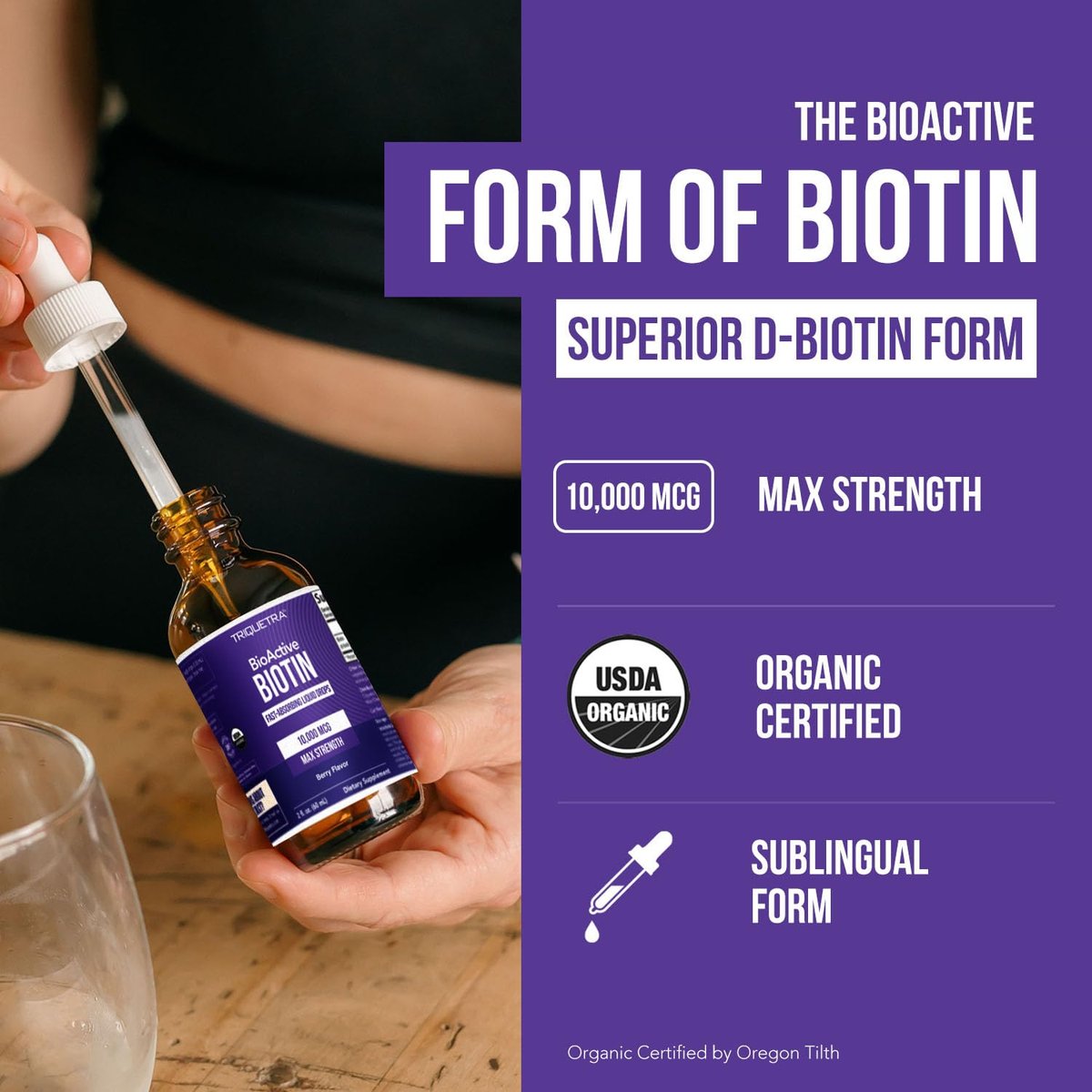 Flüssiges Biotin 10.000 mcg Tropfen für Frauen – Bio USP-Nahrungsergänzungsmittel – Hochabsorbierende Formel – Unterstützt gesundes Haar, Haut & Nägel – Natürlicher Beerengeschmack – 180 Portionen, 60 ml