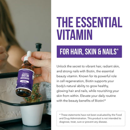 Flüssiges Biotin 10.000 mcg Tropfen für Frauen – Bio USP-Nahrungsergänzungsmittel – Hochabsorbierende Formel – Unterstützt gesundes Haar, Haut & Nägel – Natürlicher Beerengeschmack – 180 Portionen, 60 ml