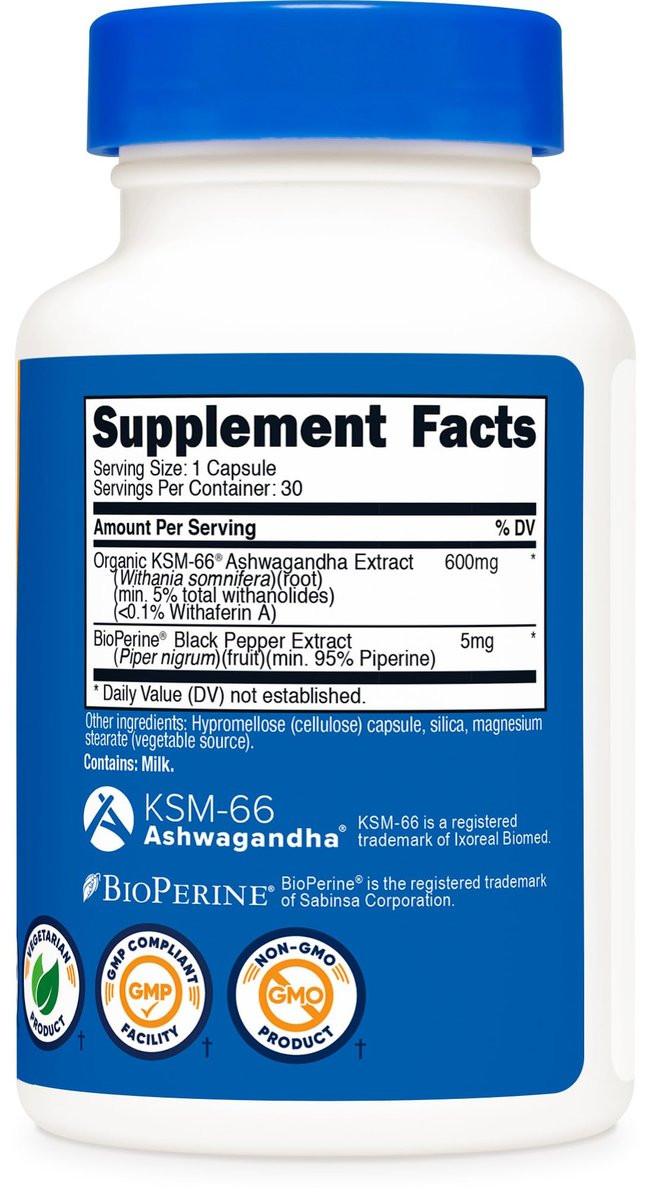 Nutricost KSM-66 Ashwagandha Wurzelextrakt 600mg, 30 vegane Kapseln – 5 % Withanolide – mit BioPerin – Vollspektrum-Wurzelextrakt