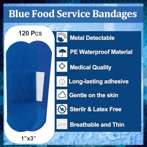 Geiserailie 120 Stück blaue erkennbare Wundpflaster, gewebte Fingerspitzenpflaster, wasserdicht, flexibel, mit nicht haftendem Pad, latexfrei, für Gastronomie, Erste-Hilfe-Set, Wundversorgung (1" x 3", rechteckig)