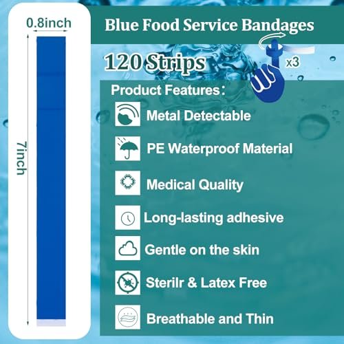 Geiserailie 120 Stück blaue, detektierbare Fingertipp-Bandagen, wasserdicht, flexibel, latexfrei – 0,8" x 7" – für Gastronomie, Erste-Hilfe-Set und Wundversorgung