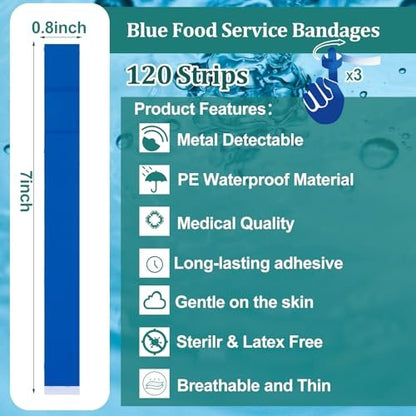 Geiserailie 120 Stück blaue, detektierbare Fingertipp-Bandagen, wasserdicht, flexibel, latexfrei – 0,8" x 7" – für Gastronomie, Erste-Hilfe-Set und Wundversorgung