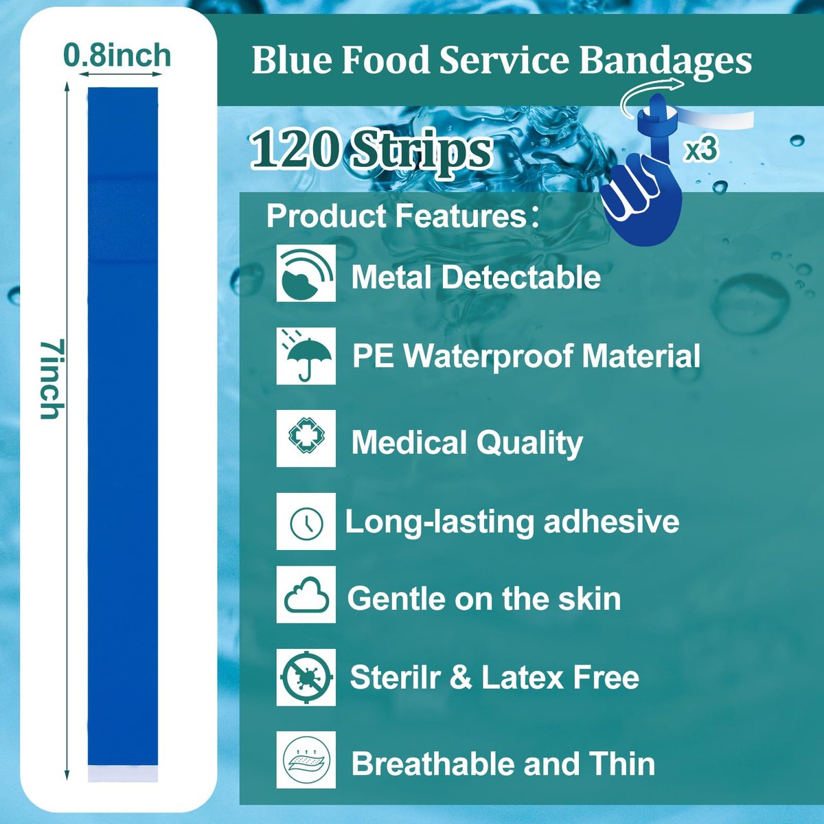Geiserailie 120 Stück blaue, detektierbare Fingertipp-Bandagen, wasserdicht, flexibel, latexfrei – 0,8" x 7" – für Gastronomie, Erste-Hilfe-Set und Wundversorgung