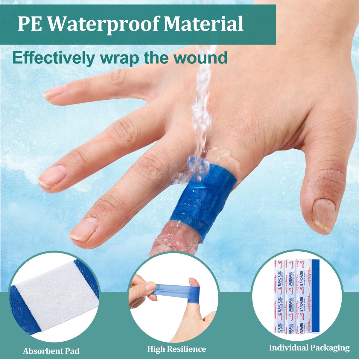 Geiserailie 120 Stück blaue, detektierbare Fingertipp-Bandagen, wasserdicht, flexibel, latexfrei – 0,8" x 7" – für Gastronomie, Erste-Hilfe-Set und Wundversorgung
