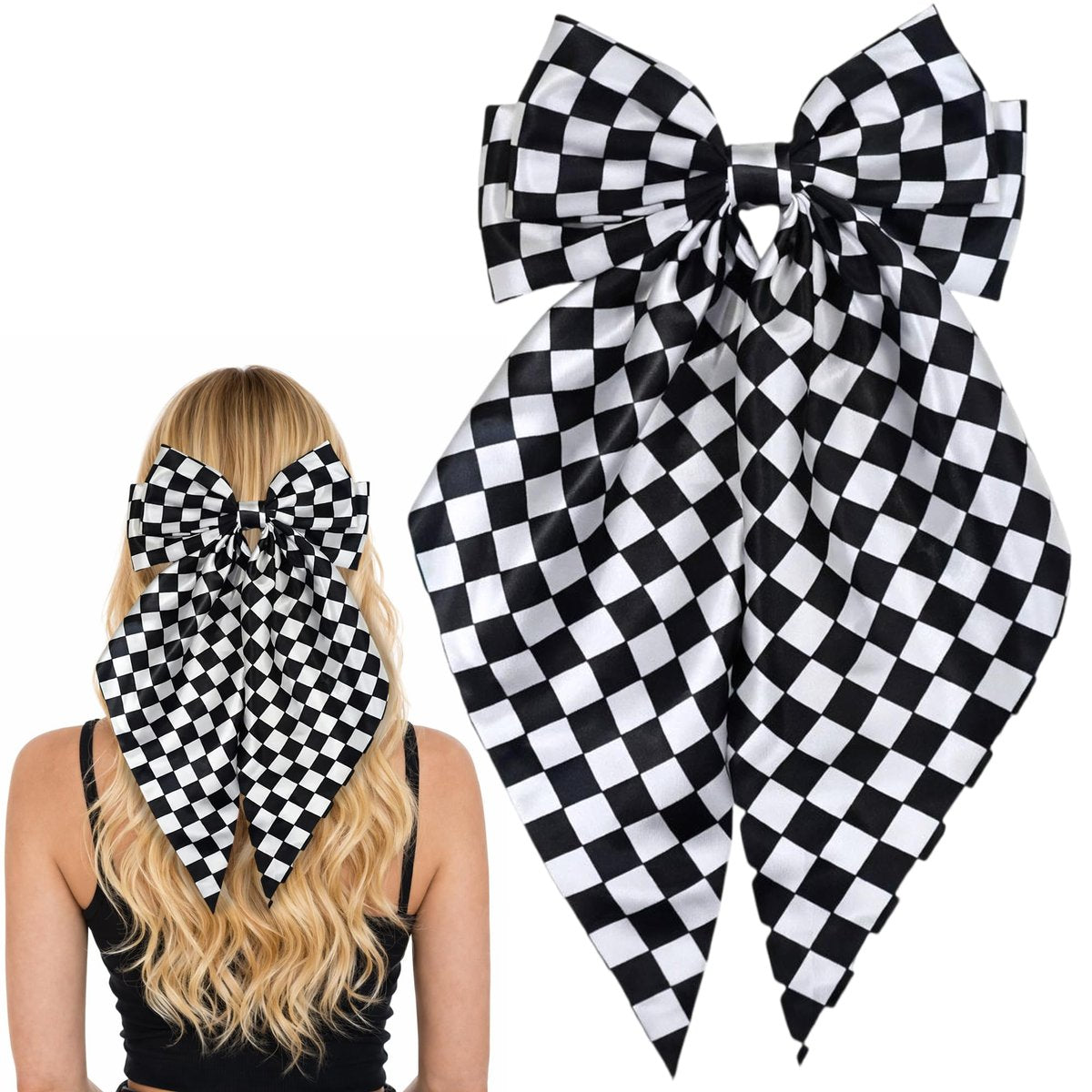Kariertes Haarband – Schwarz-Weiß karierte Haarspange, 7,9″ × 15″ große Haarschleife, süße Haarspangen für Frauen und Mädchen