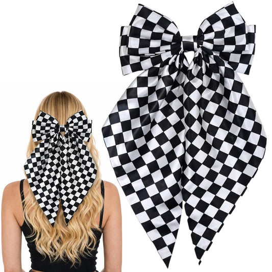 Kariertes Haarband – Schwarz-Weiß karierte Haarspange, 7,9″ × 15″ große Haarschleife, süße Haarspangen für Frauen und Mädchen