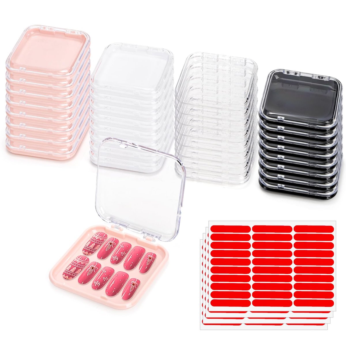 Jucoan 32er Pack Press-on-Nagelboxen, 2,75 x 2,75 Zoll Acryl-Aufbewahrungsboxen für Falschnägel mit 120 Klebebändern für Nagelkunst und Salon