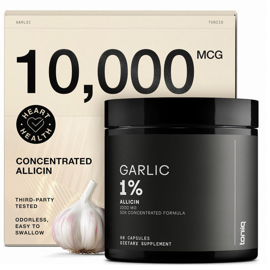 Toniiq Knoblauchextrakt Kapseln mit 10.000 mcg Allicin – Geruchlos – 50:1 Extrakt für maximale Potenz – Laborgeprüft – 60 vegane Kapseln