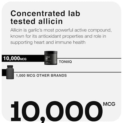 Toniiq Knoblauchextrakt Kapseln mit 10.000 mcg Allicin – Geruchlos – 50:1 Extrakt für maximale Potenz – Laborgeprüft – 60 vegane Kapseln