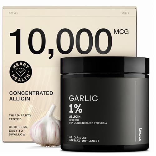 Toniiq Knoblauchextrakt Kapseln mit 10.000 mcg Allicin – Geruchlos – 50:1 Extrakt für maximale Potenz – Laborgeprüft – 60 vegane Kapseln