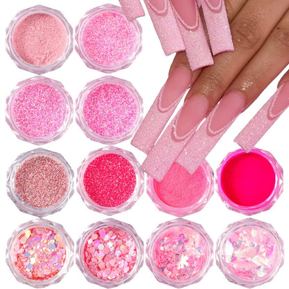 Pink Nail Glitter Powder, 12-teiliges Nagelkunst-Glitzerset, holografische Paillettenflocken für Acrylspitzen-Maniküre-Dekorationen