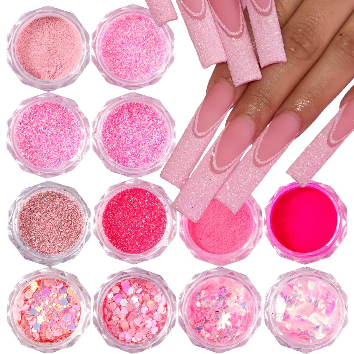 Pink Nail Glitter Powder, 12-teiliges Nagelkunst-Glitzerset, holografische Paillettenflocken für Acrylspitzen-Maniküre-Dekorationen