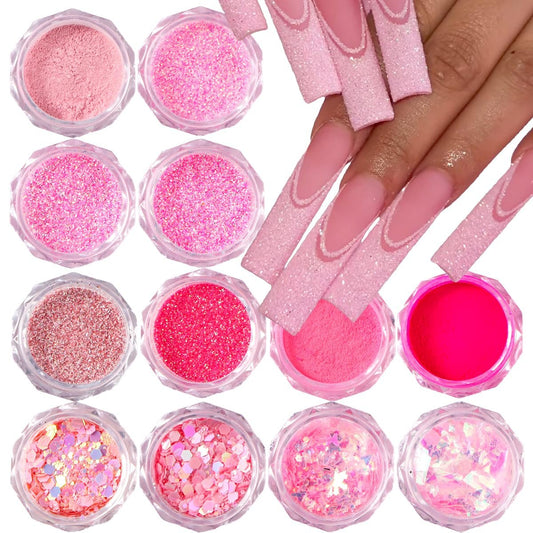 Pink Nail Glitter Powder, 12-teiliges Nagelkunst-Glitzerset, holografische Paillettenflocken für Acrylspitzen-Maniküre-Dekorationen