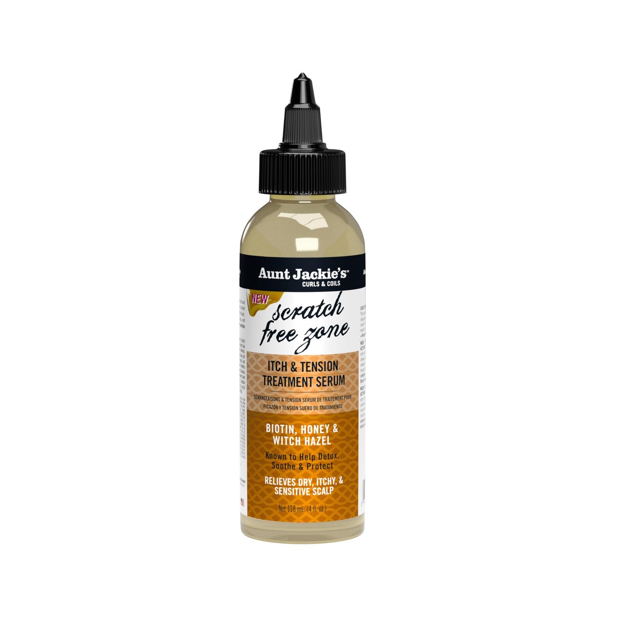 Aunt Jackie's Braid + Twist Collection Scratch Free Zone Itch & Tension Treatment Serum – Lindert trockene, juckende Kopfhaut mit Hamamelis, Biotin und Honig – 118 ml