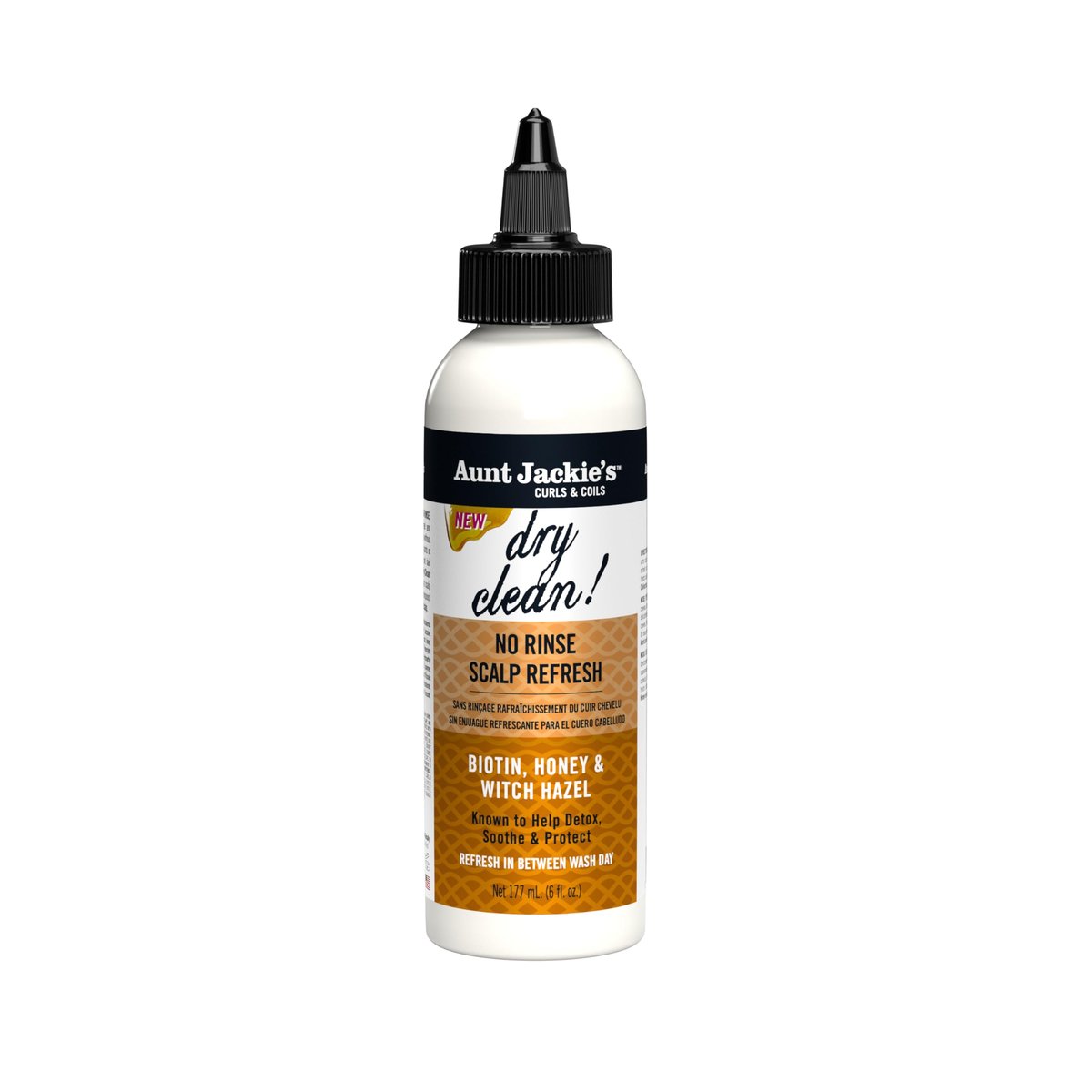 Aunt Jackie’s Braid + Twist Collection Dry Clean! No Rinse Scalp Refresh – Kopfhaut-Detox & Feuchtigkeit mit Hamamelis, Scalposine, Biotin und Honig – 177 ml