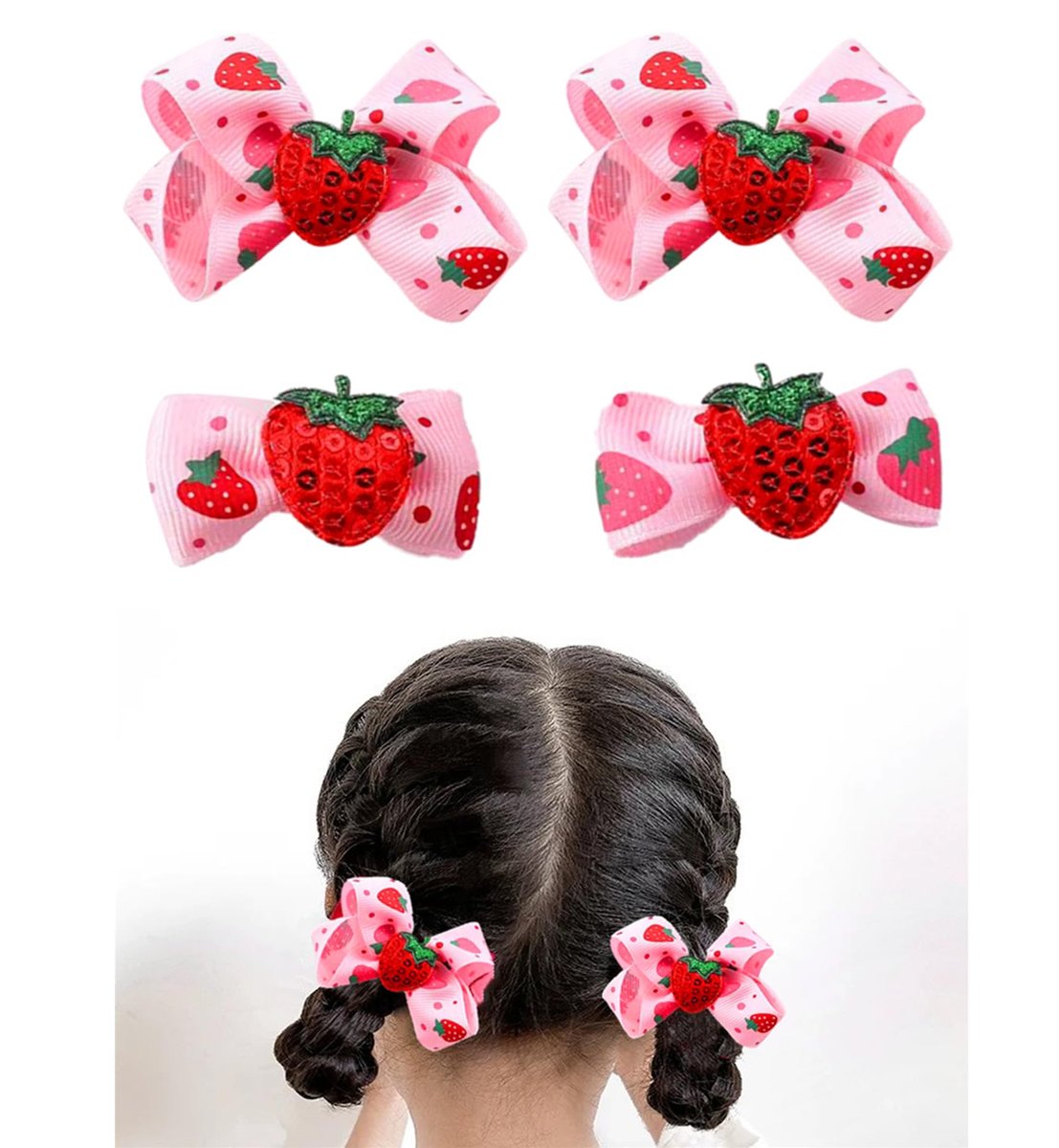 AACKS 4-teilige Erdbeer-Haarschleifen für kleine Mädchen – Süße Erdbeer-Haarnadeln, Haaraccessoires, Snap-Klammern