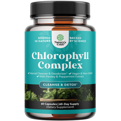 Chlorophyll Kapseln zur Reinigung und Entgiftung - Innerliches Deodorant gegen Körpergeruch mit Minze & Petersilie Extrakt für gesunde Haut, Immunität & Verdauung - Vegan, Nicht-GVO & Glutenfrei (60 Kapseln)