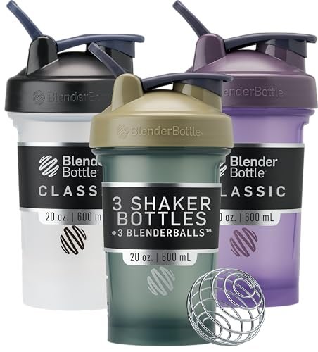 BlenderBottle Classic V2 Shaker Flasche – 3er Pack, 20 oz, Schwarz, Tan/Blau, Lila – Perfekt für Proteinshakes und Pre-Workout