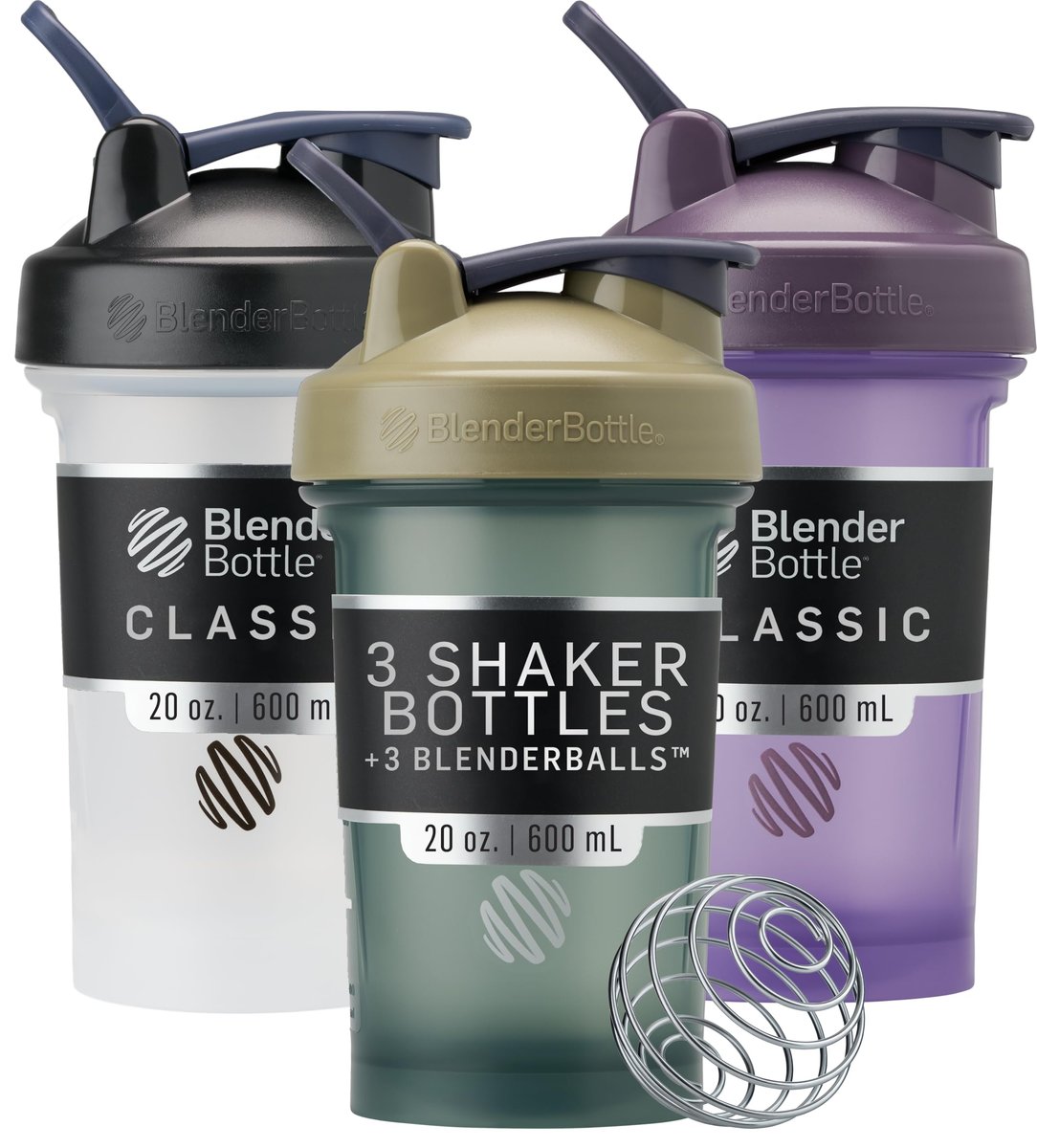 BlenderBottle Classic V2 Shaker Flasche – 3er Pack, 20 oz, Schwarz, Tan/Blau, Lila – Perfekt für Proteinshakes und Pre-Workout