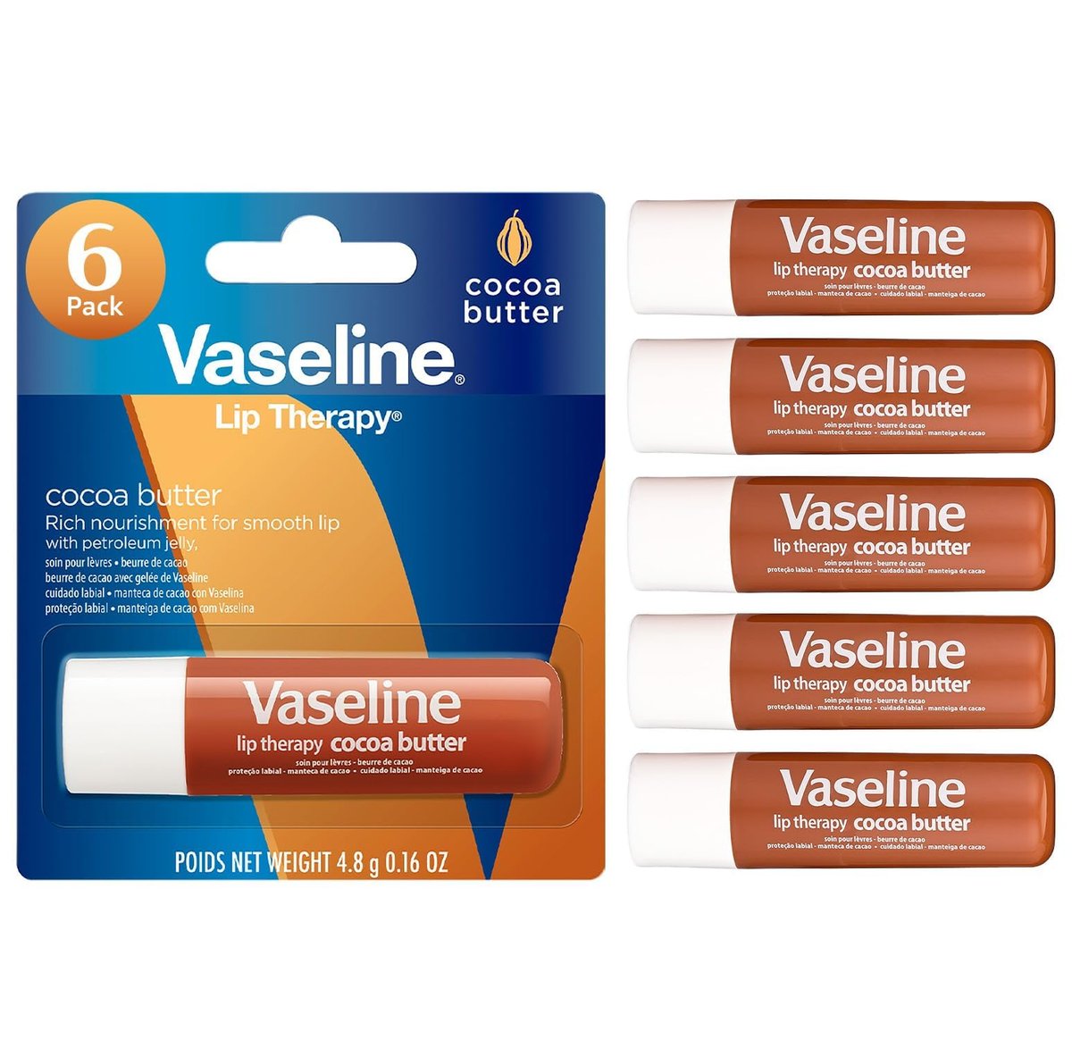 Vaseline Lip Therapy Cocoa Butter Lippenbalsam, 6er Pack, 4,5 g pro Stück