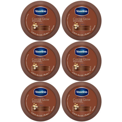 Vaseline Cocoa Glow Body Cream 6er-Pack – Reine Kakaobutter 48h Feuchtigkeitscreme für trockene Haut, Reisegröße, 2,53 Fl Oz pro Stück