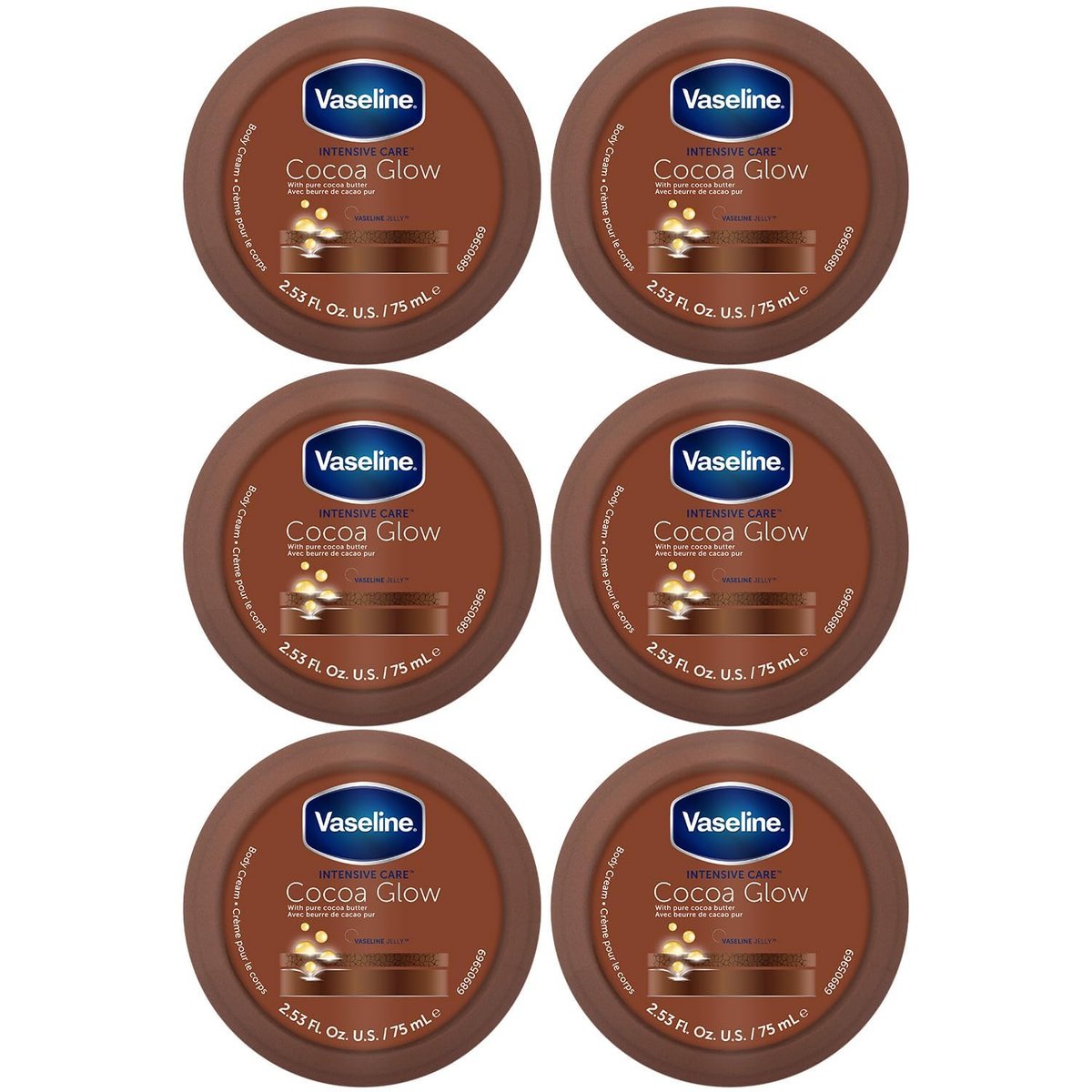 Vaseline Cocoa Glow Body Cream 6er-Pack – Reine Kakaobutter 48h Feuchtigkeitscreme für trockene Haut, Reisegröße, 2,53 Fl Oz pro Stück
