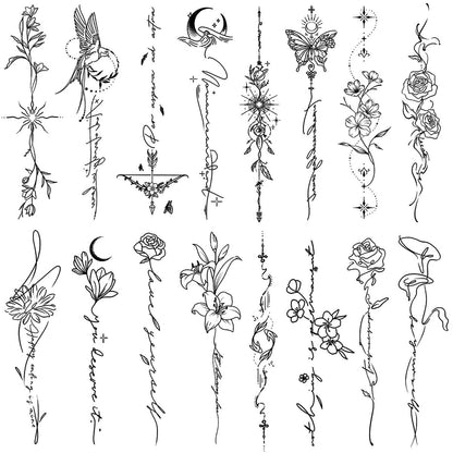 CHARLENT Temporäre Tattoos für Frauen und Mädchen – 45 Stück Linienblumen-Wörter-Skizze, realistisch, langanhaltend, wasserfest, minimalistische Linienkunst-Tattoos für Arm, Rücken, Bein und Körper