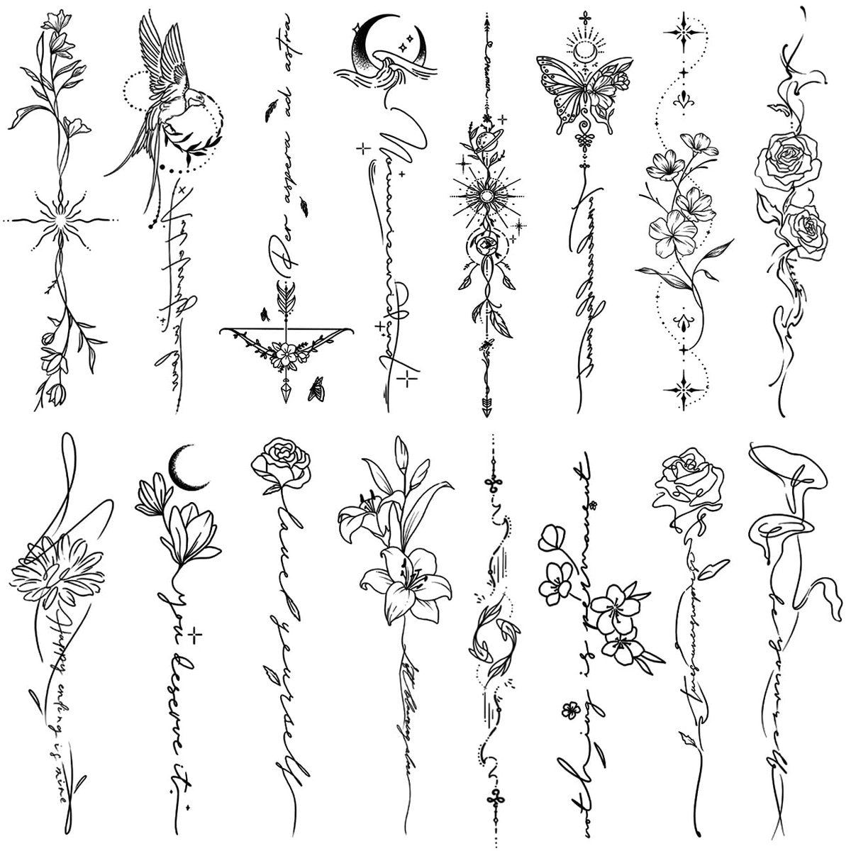 CHARLENT Temporäre Tattoos für Frauen und Mädchen – 45 Stück Linienblumen-Wörter-Skizze, realistisch, langanhaltend, wasserfest, minimalistische Linienkunst-Tattoos für Arm, Rücken, Bein und Körper