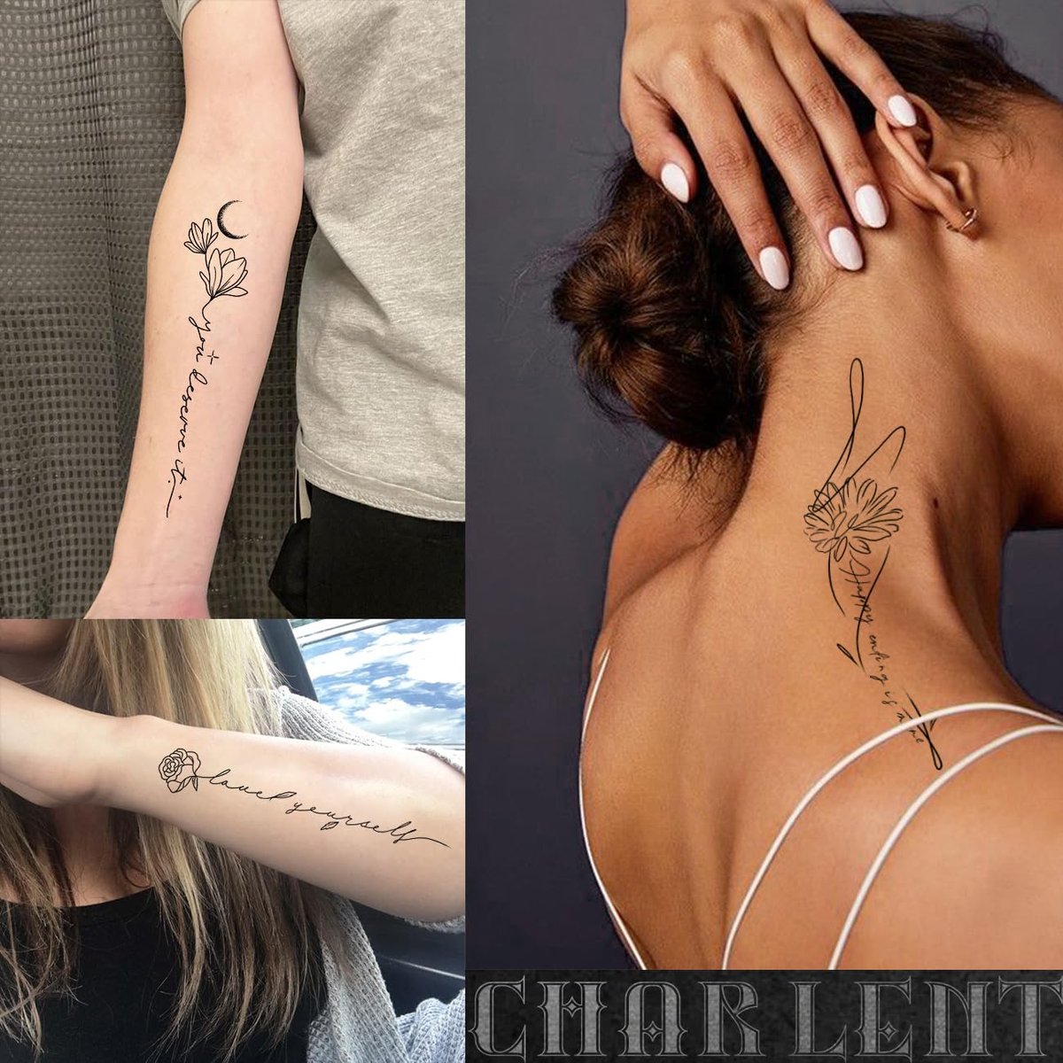 CHARLENT Temporäre Tattoos für Frauen und Mädchen – 45 Stück Linienblumen-Wörter-Skizze, realistisch, langanhaltend, wasserfest, minimalistische Linienkunst-Tattoos für Arm, Rücken, Bein und Körper