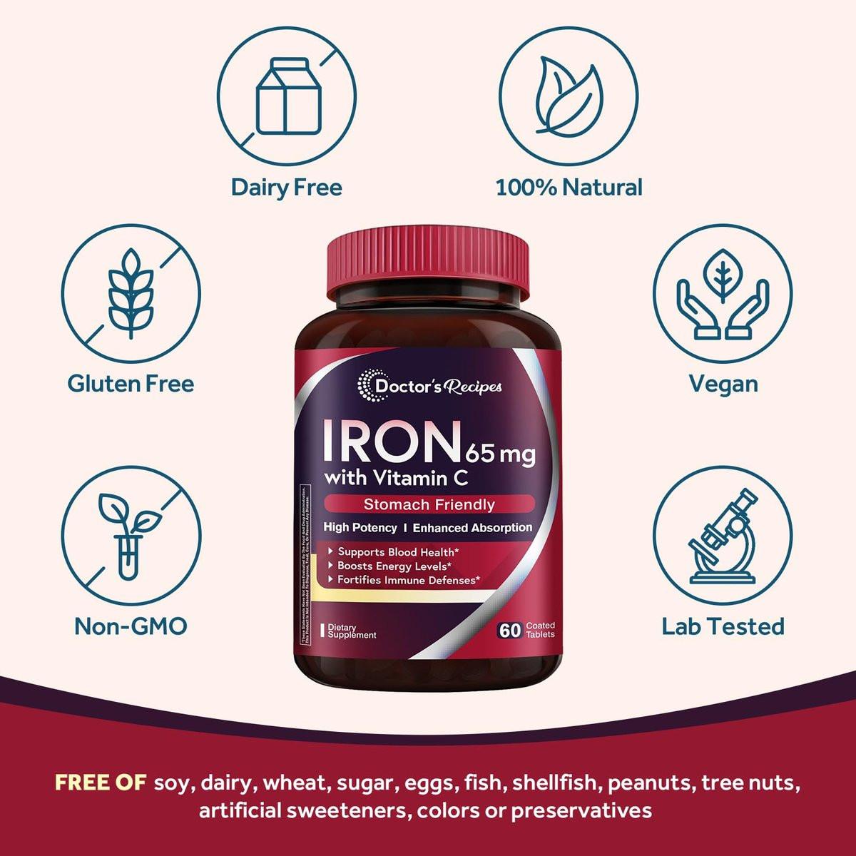 Doctor's Recipes Eisen 65 mg mit Vitamin C – Maximale Aufnahme & Magenfreundliche Eisenkapseln für Bildung roter Blutkörperchen, Herz-, Gehirn- & Immunsystem – Vegan, Nicht-GVO, 30 Tabletten