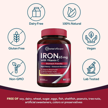 Doctor's Recipes Eisen 65 mg mit Vitamin C – Maximale Aufnahme & Magenfreundliche Eisenkapseln für Bildung roter Blutkörperchen, Herz-, Gehirn- & Immunsystem – Vegan, Nicht-GVO, 30 Tabletten