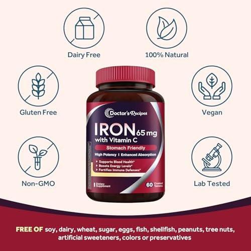 Doctor's Recipes Eisen 65 mg mit Vitamin C – Maximale Aufnahme & Magenfreundliche Eisenkapseln für Bildung roter Blutkörperchen, Herz-, Gehirn- & Immunsystem – Vegan, Nicht-GVO, 30 Tabletten