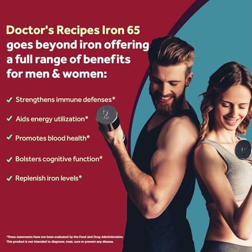 Doctor's Recipes Eisen 65 mg mit Vitamin C – Maximale Aufnahme & Magenfreundliche Eisenkapseln für Bildung roter Blutkörperchen, Herz-, Gehirn- & Immunsystem – Vegan, Nicht-GVO, 30 Tabletten