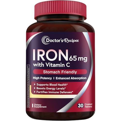 Doctor's Recipes Eisen 65 mg mit Vitamin C – Maximale Aufnahme & Magenfreundliche Eisenkapseln für Bildung roter Blutkörperchen, Herz-, Gehirn- & Immunsystem – Vegan, Nicht-GVO, 30 Tabletten