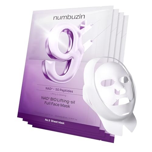 numbuzin No.9+ NAD+ BIO Lifting Full Face Mask – Peptid- und Kollagen-Firming-Maske für glatte, definierte Haut, 4 Blätter + Liftband