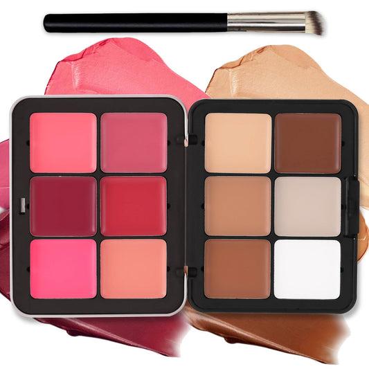 AOAZXBB 12-Farben Creme Blush Palette, Creme Concealer Foundation Palette, Natürliches Mattes Gesichts-Makeup-Set mit Pinsel