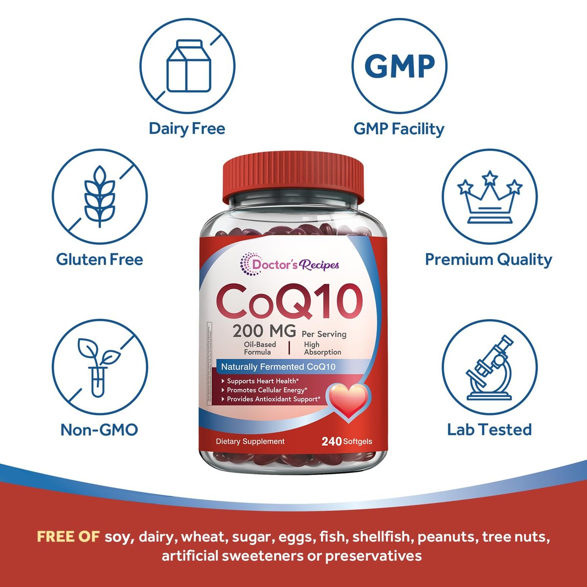 Doctor's Recipes CoQ10 200 mg pro Portion – Hochdosiertes Coenzym Q10 mit Olivenöl für Herz, Gefäße, Energie & Antioxidantien, 4-Monats-Vorrat, 240 Softgels