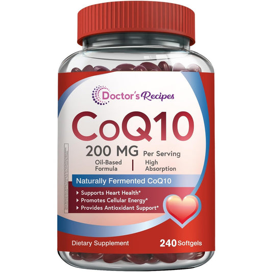 Doctor's Recipes CoQ10 200 mg pro Portion – Hochdosiertes Coenzym Q10 mit Olivenöl für Herz, Gefäße, Energie & Antioxidantien, 4-Monats-Vorrat, 240 Softgels