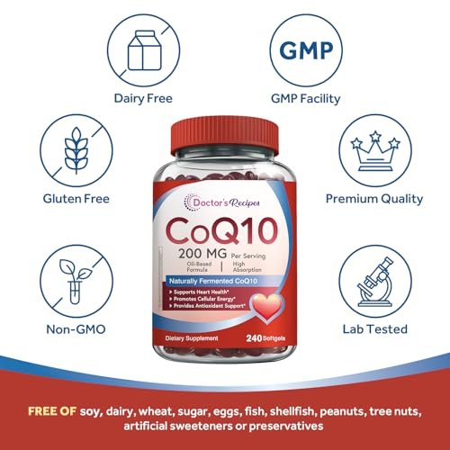 Doctor's Recipes CoQ10 200 mg pro Portion – Hochdosiertes Coenzym Q10 mit Olivenöl für Herz, Gefäße, Energie & Antioxidantien, 4-Monats-Vorrat, 240 Softgels
