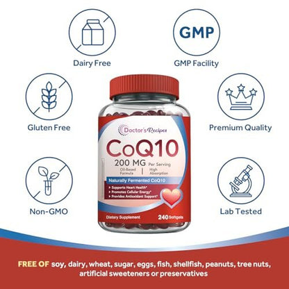 Doctor's Recipes CoQ10 200 mg pro Portion – Hochdosiertes Coenzym Q10 mit Olivenöl für Herz, Gefäße, Energie & Antioxidantien, 4-Monats-Vorrat, 240 Softgels