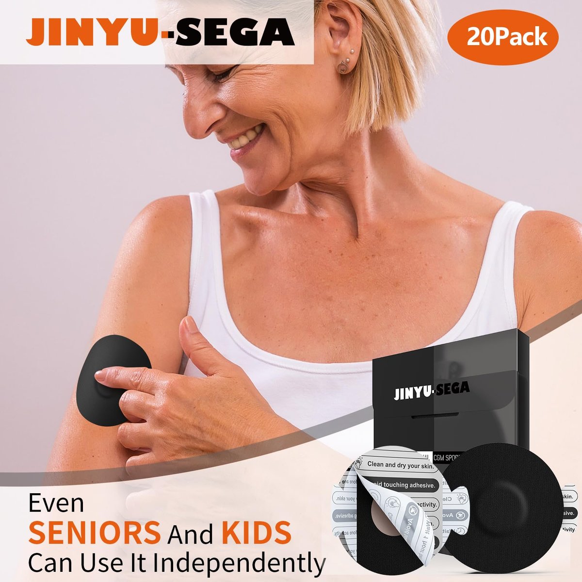 Jinyusega Klebepflaster für Dexcom G7 – 20 Stück, wasserdichte Überpflaster, mit Easy-Peel-Lasche, vorgeschnittene Trägerfolie, CGM-Sensor-Klebeband für 10–14 Tage, Schwarz