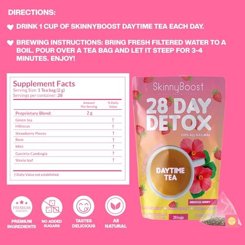 SkinnyBoost 28-Tage-Detox-Daytime-Tee – Hibiskus-Beere (28 Teebeutel) – Unterstützt Stoffwechsel, Entgiftung, Antioxidantien, Energie, Verdauung – Nicht-GVO, Vegan, Keto-freundlich