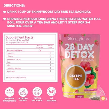 SkinnyBoost 28-Tage-Detox-Daytime-Tee – Hibiskus-Beere (28 Teebeutel) – Unterstützt Stoffwechsel, Entgiftung, Antioxidantien, Energie, Verdauung – Nicht-GVO, Vegan, Keto-freundlich