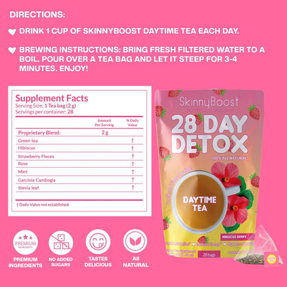 SkinnyBoost 28-Tage-Detox-Daytime-Tee – Hibiskus-Beere (28 Teebeutel) – Unterstützt Stoffwechsel, Entgiftung, Antioxidantien, Energie, Verdauung – Nicht-GVO, Vegan, Keto-freundlich