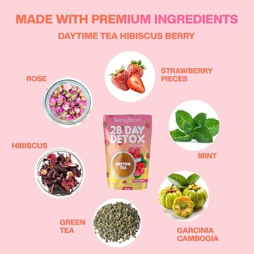 SkinnyBoost 28-Tage-Detox-Daytime-Tee – Hibiskus-Beere (28 Teebeutel) – Unterstützt Stoffwechsel, Entgiftung, Antioxidantien, Energie, Verdauung – Nicht-GVO, Vegan, Keto-freundlich